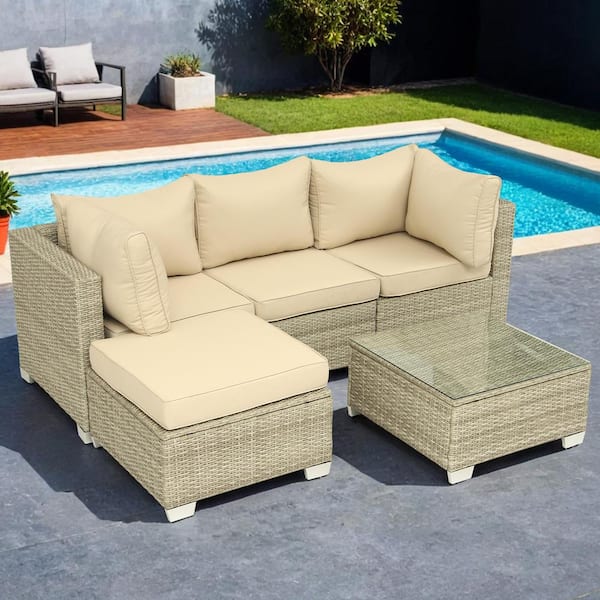 EPIPHANY DOUBLED INC 5-Piece Wicker 4-Seater Outdoor Sectional Sofa Set with Field Gray Cushions and Coffee Table for Pool and Garden
