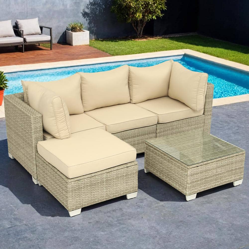 5-Piece Wicker 4-Seater Outdoor Sectional Sofa Set with Field Gray Cushions