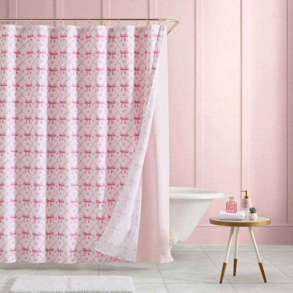 Festive Bow Trellis 72 in. W x 72 in. L, Polyester 14 Piece Shower Curtain Set with Hooks and Liner in Pink price history on PriceWatchPro