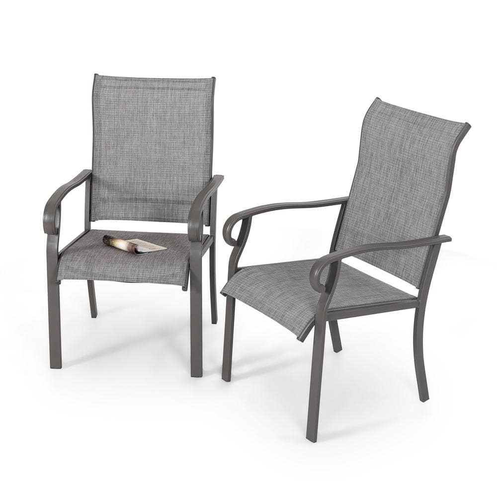 Light Gray Textilene and Iron Outdoor Dining Chairs, Set of 2
