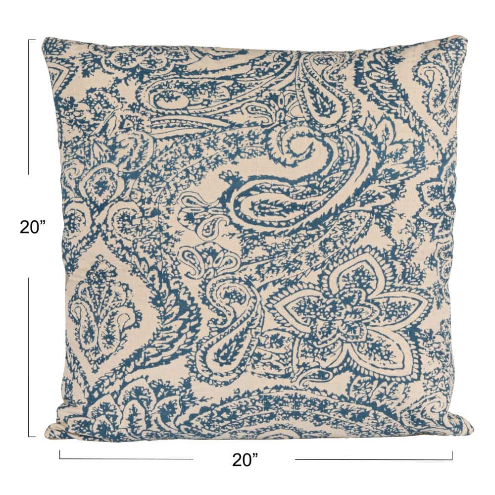 Blue Patterned Cotton and Linen Square Throw Pillow