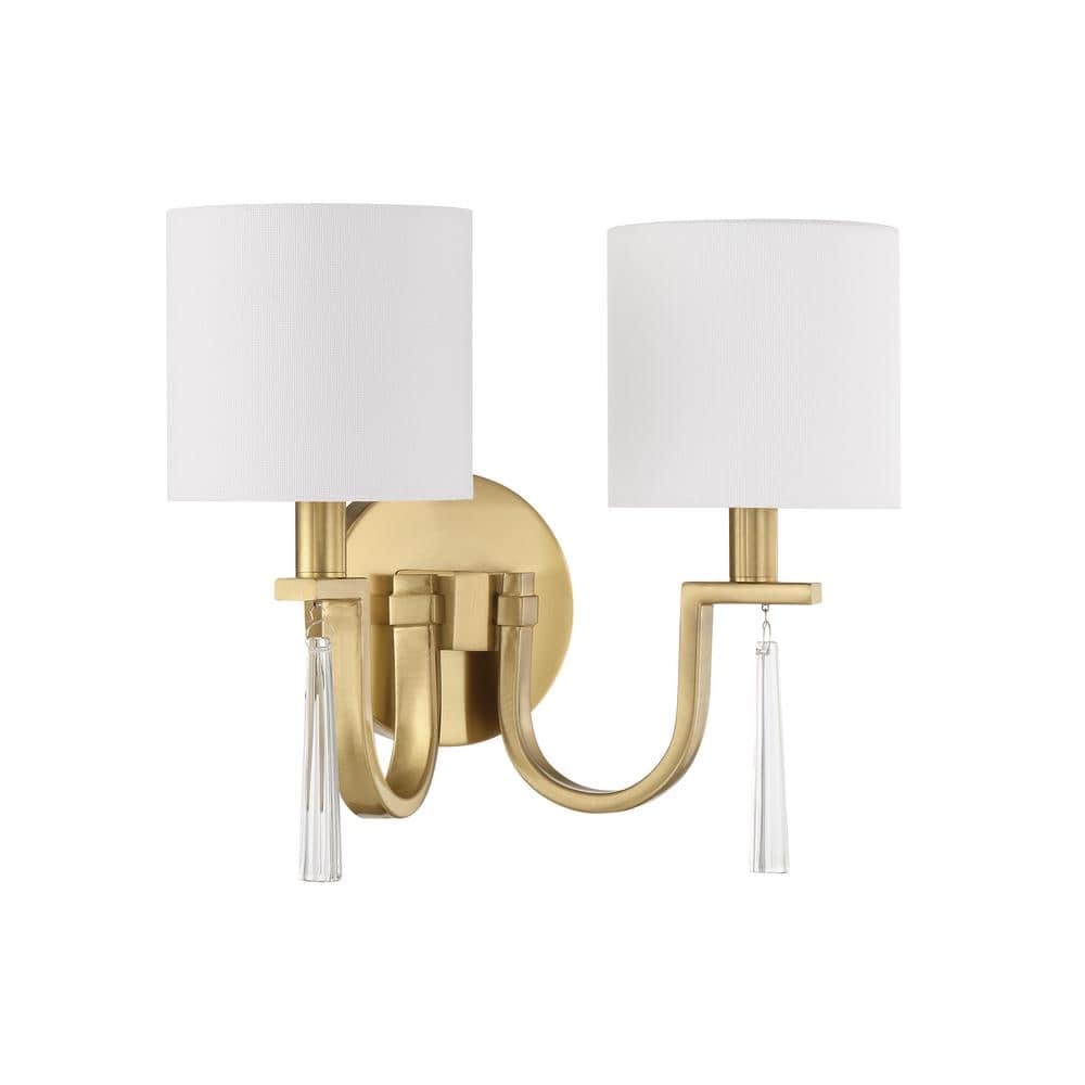 Fortuna Satin Brass 2-Light Sconce with White Linen Shades