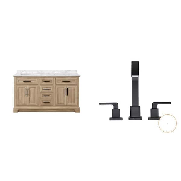 Doveton 60 in. Weathered Tan Double Sink Vanity with White Marble Top and Farrington Matte Black 8 in. Faucet (2-Count)