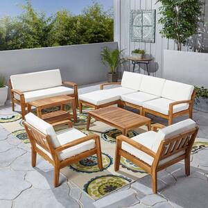 Grenada Teak Brown 9-Piece Wood Patio Conversation Sectional Seating Set with Beige Cushions