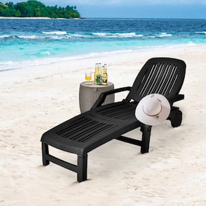 Black Plastic Patio Adjustable Chaise Lounge Chair Folding Sun Lounger Recliner with Wheels