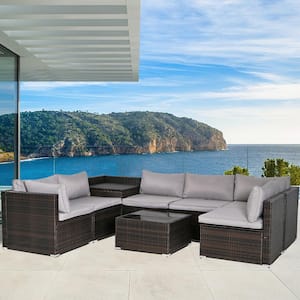 8-Piece Brown Wicker Outdoor Sectional Set Adjustable Seat with Gray Cushions and Storage Box