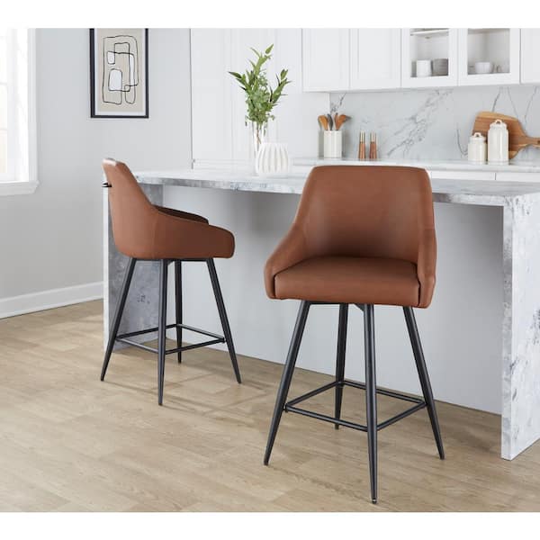 Lumisource Hannah 27.5 in. Camel Faux Leather and Black Metal Fixed-Height Counter Stool (Set of 2)
