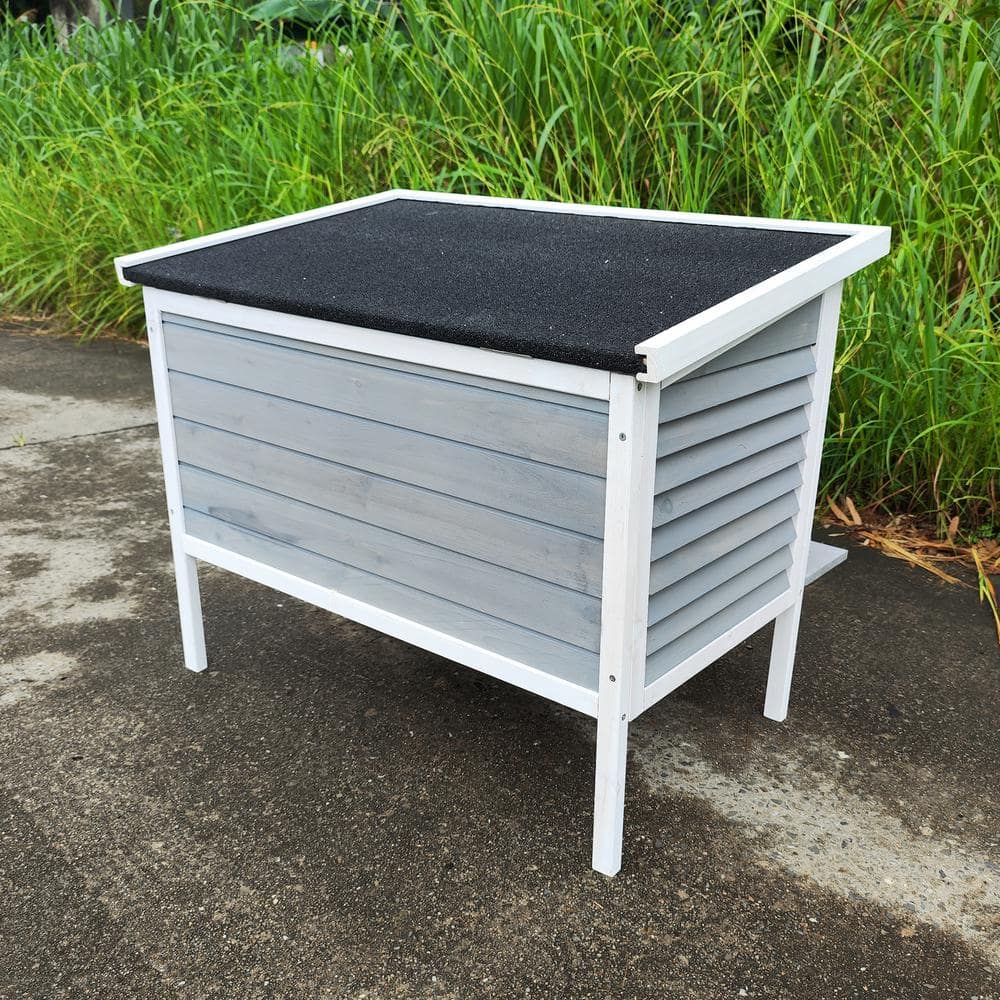 Gray and White Wooden Outdoor Cat House with Escape Door
