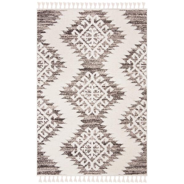 SAFAVIEH Moroccan Tassel Shag Ivory/Brown 4 ft. x 6 ft. Geometric Area Rug