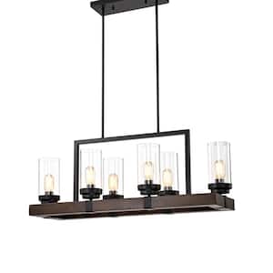 6-light Black and Wood Grain Farmhouse Chandelier with Glass Shades, Adjustable Height, Bulb not included