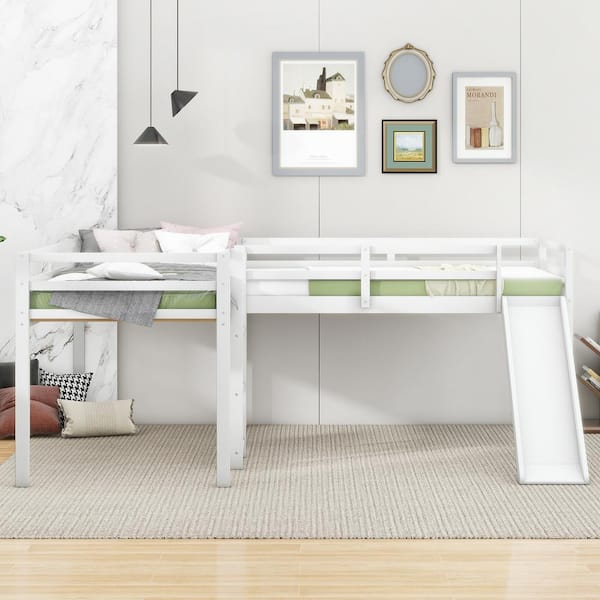 Harper & Bright Designs White L-Shaped Twin Size Wood Loft