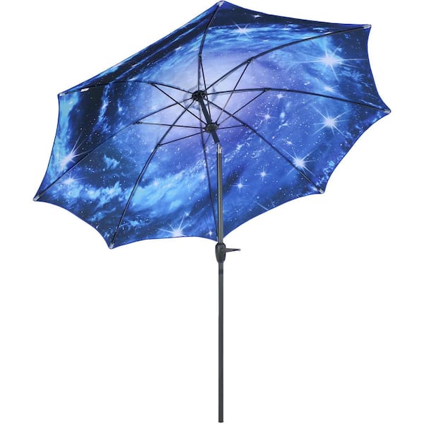 Sunnydaze Decor 8 ft. Market Style Push Button Tilt and Crank Inside Out Starry Galaxy Design Outdoor Patio Umbrella in Blue