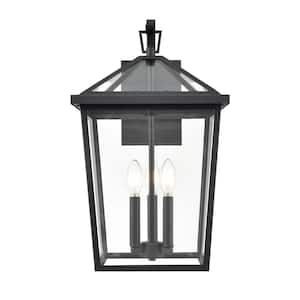 Mensun 20.75 in. 3-Light Textured Black Outdoor Hardwired Lantern Wall Sconce with Clear Glass