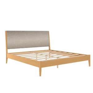 Bruno Brown Wood Frame King Size Platform Bed with Upholstered Beige Linen Headboard