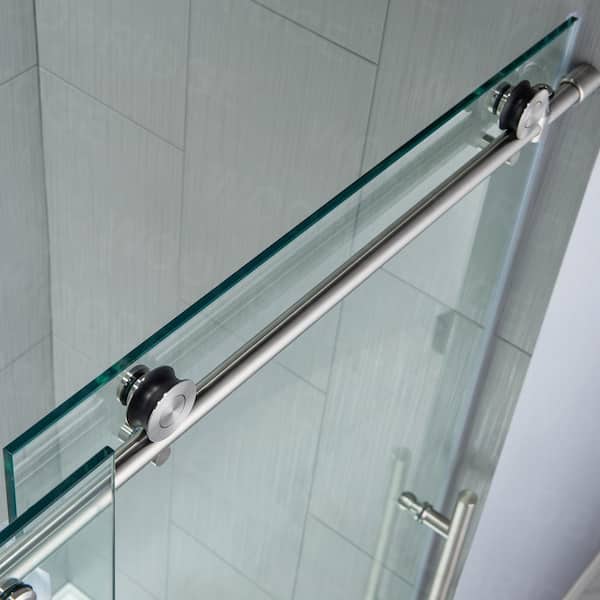 72 in. W x 76 in. H Frameless Sliding Shower Door with Shatter Retention Glass in Brushed Nickel