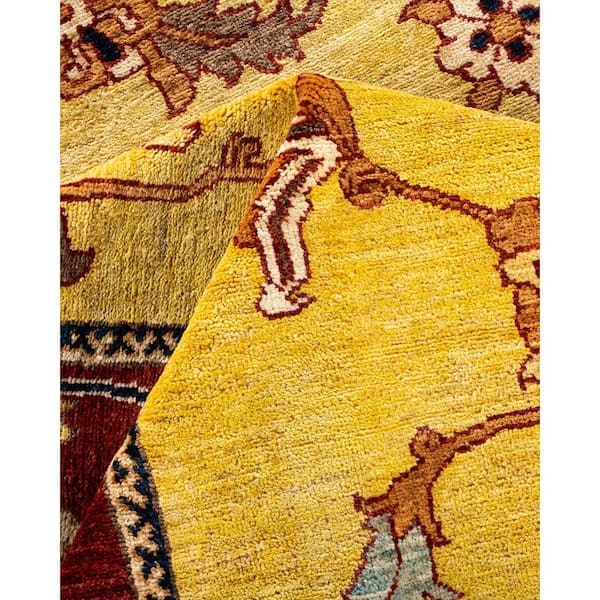 Eclectic Yellow 9 x 12 Oriental Wool Indoor Area Rug