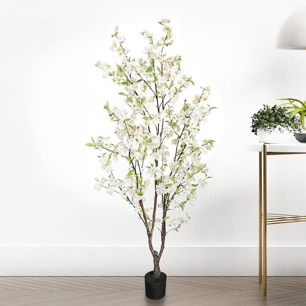 LIVING LUXURY 5.5 ft. Cream White Artificial Cherry Blossom Flower Tree in Pot