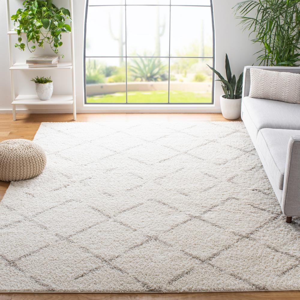 Ivory Beige Geometric Shag 10' x 10' Square Area Rug