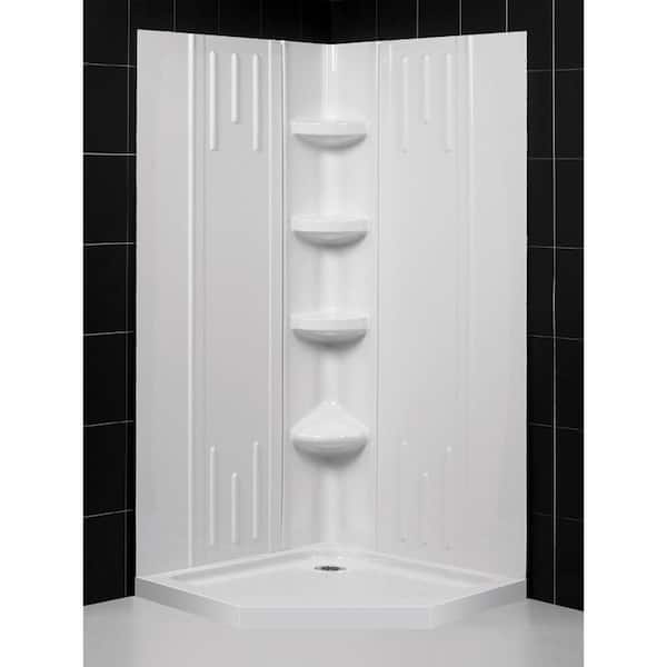 SlimLine 36 in. x 36 in. Single Threshold Neo-Angle Shower Pan Base in White with Back-Walls