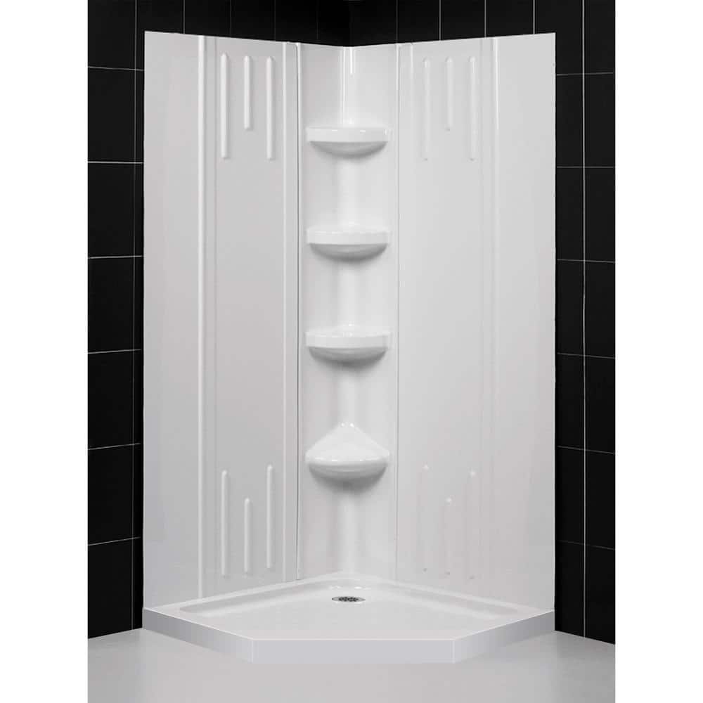 White Acrylic Corner Neo-Angle Shower Kit with Shelves