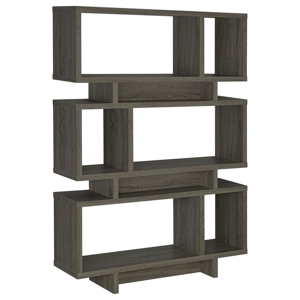 Transitional Weathered Gray Wood Bookcase with Artful Cubes