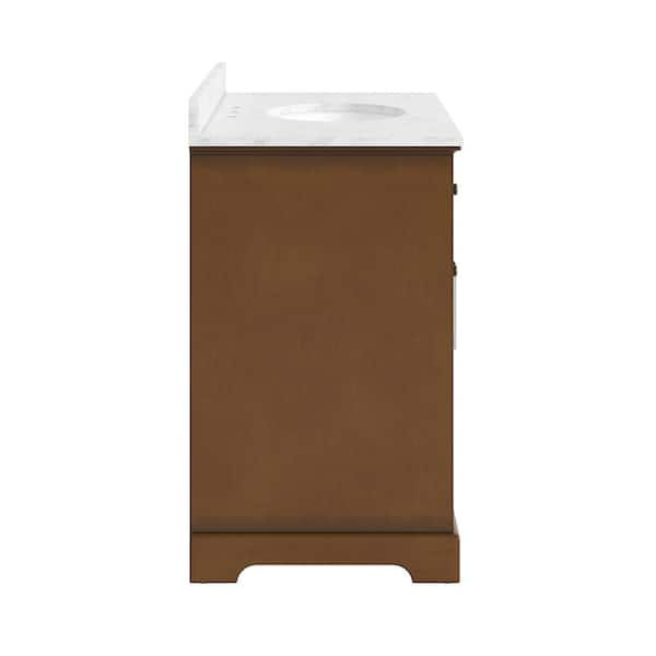 Wellington 36 in. W x 21.5 in. D x 35 in. H Single Sink Freestanding Bath Vanity in Brown with White Carrara Marble Top
