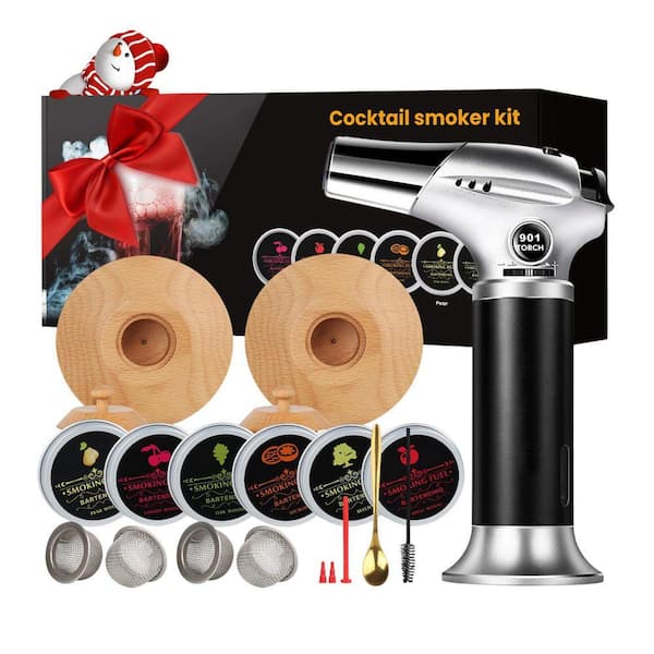 6-Piece Black Wood Cocktail Smoker Kit with Torch and 6 Flavors Wood Chips for Whiskey, Bourbon, Meats