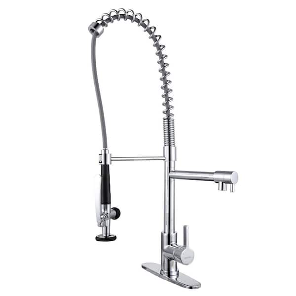 IVIGA Commercial Deck Mount Double Handle Pull Down Sprayer Kitchen Faucet with Pre-Rinse Sprayer in Polished Chrome