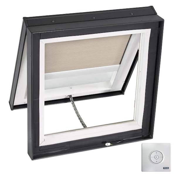 VELUX 22.5 in. x 22.5 in. Solar Powered Venting Curb-Mount Skylight, Laminated LowE3 Glass, Classic Sand Light Filtering Blind