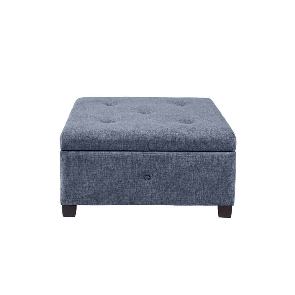 Blue Button Tufted Square Storage Ottoman with Dark Wood Legs