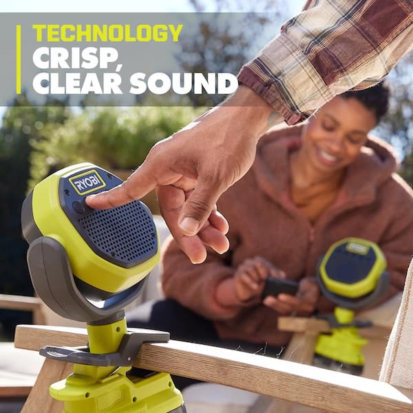 RYOBI ONE+ 18V Lithium-Ion 4.0 Ah Battery, 2.0 Ah Battery, and Charger Kit with ONE+ Cordless VERSE Clamp Speaker