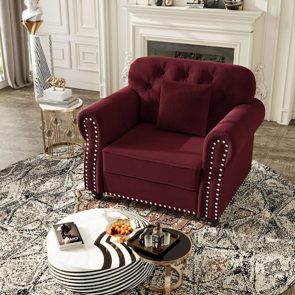Elaine Mid-Century Modern 41.3 in. Velvet Rectangle Sofa in Red with Nailhead Trim, Rolled Armrests, Pillow, Burgundy
