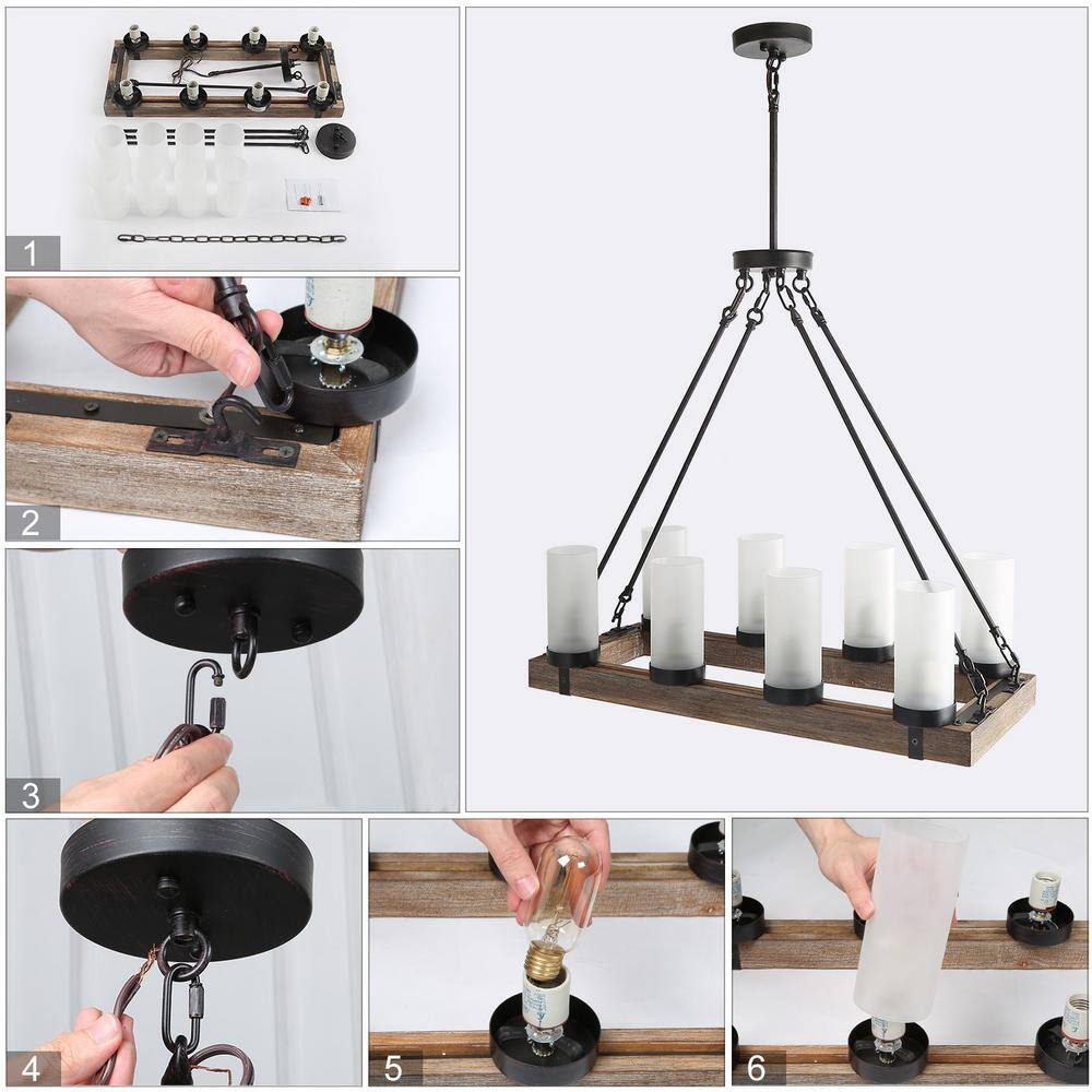 Rustic Bronze and Wood Chandelier with Frosted Glass Shades