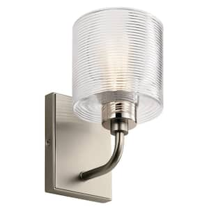 Harvan 9.25 in. 1-Light Satin Nickel Bathroom Indoor Wall Sconce Light with Clear Ribbed Glass