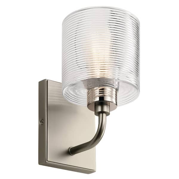 KICHLER Harvan 9.25 in. 1-Light Satin Nickel Bathroom Indoor Wall Sconce Light with Clear Ribbed Glass
