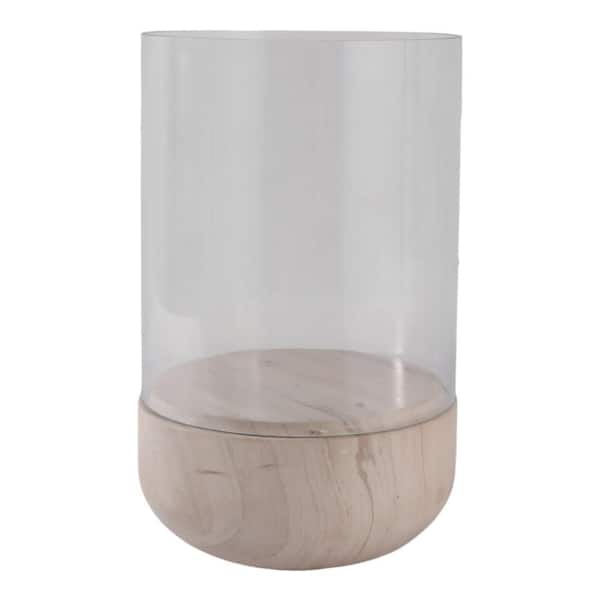 13 in. Ivory/Beige Glass Large Cylinder Hurricane Candle Holder with Marble Base