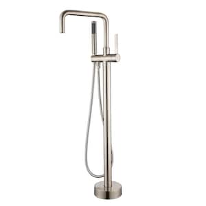 Singe-Handle High-Arc Swivel Spout Freestanding Floor Mount Tub Faucet with Hand Shower in Brushed Nickel