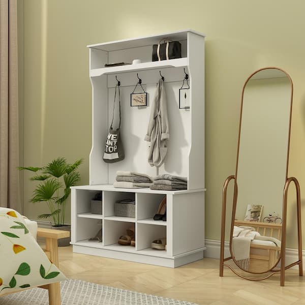 FUFU&GAGA White Painted Coat Rack with Bench and Storage Cubbies