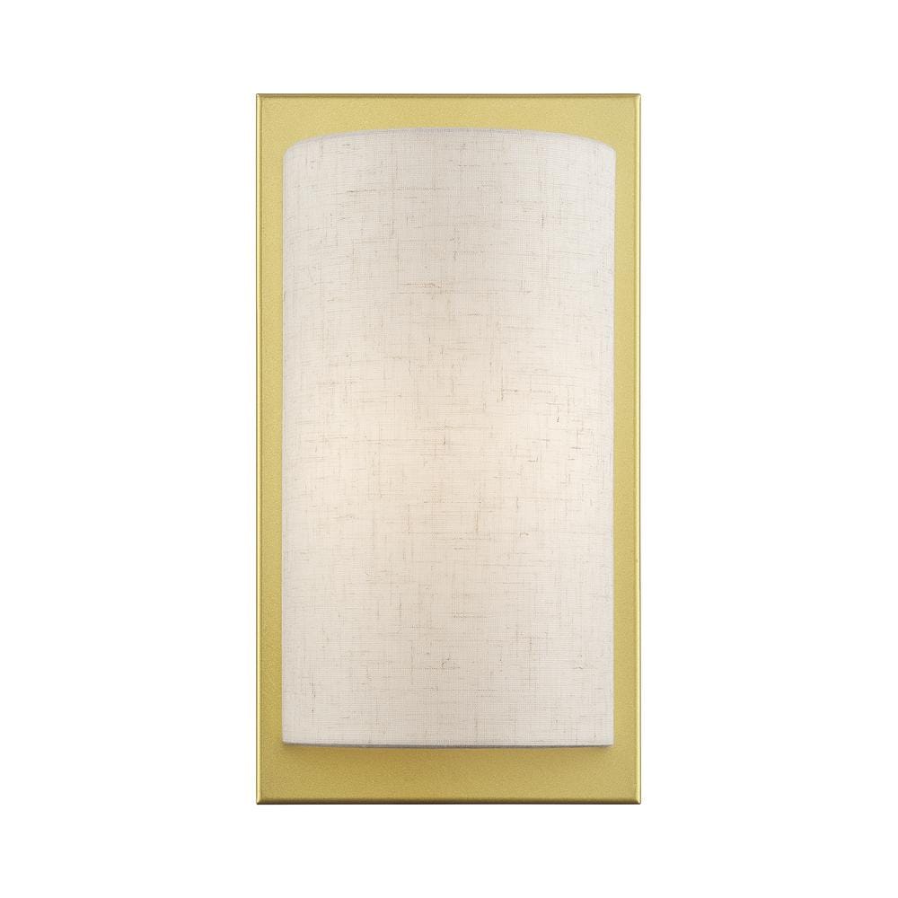 Brenton 6 in. 1-Light Soft Gold ADA Wall Sconce with Oatmeal Fabric Shade price history on PriceWatchPro