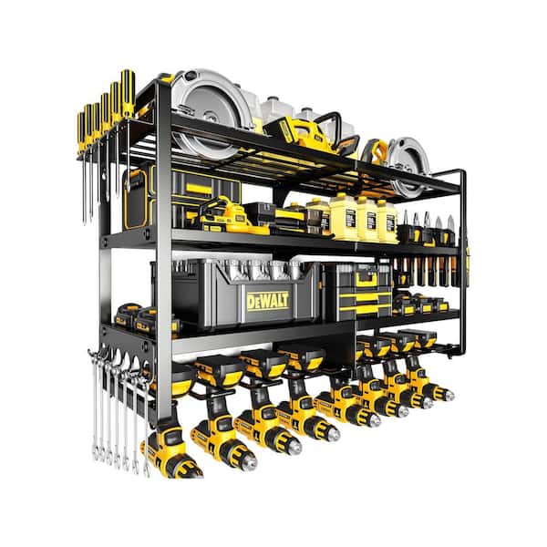 Heavy Duty 36 in. Black Metal 4-Layer 400 lbs. Load Wall Rack with 8-Drill Holders Tool Organizer Shelf for Garage