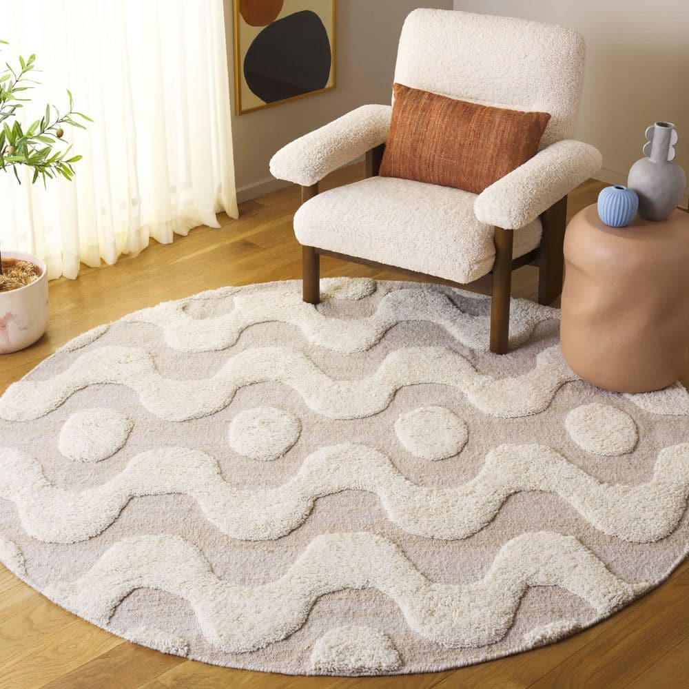SAFAVIEH Vermont 6 ft. x 6 ft. Round Ivory Retro Wavy Geometric