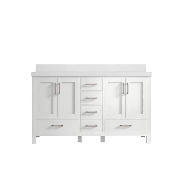 Willow Collections Malibu 60 in. W x 22 in. D x 36 in. H Double Sink Bath Vanity in White with 2 in. White Quartz Top