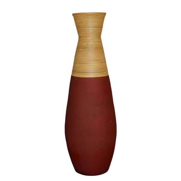 31.5 in. Burgundy and Natural Tall Handcrafted Bamboo Floor Vase