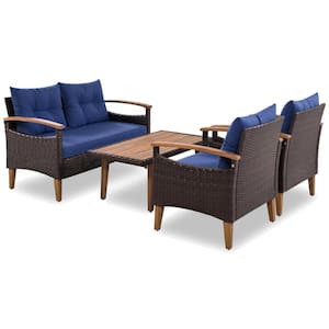 Brown 4-Piece Wood Patio Conversation Set with Blue Cushions