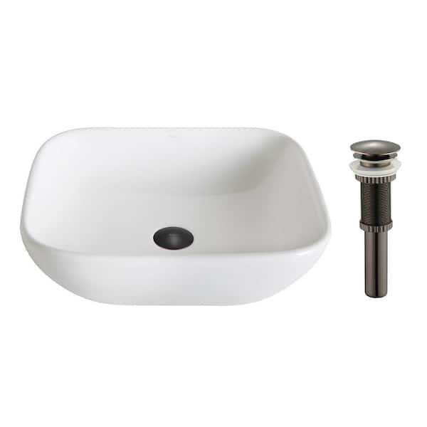 KRAUS Elavo Soft Square Ceramic Vessel Bathroom Sink in White with Pop Up Drain in Oil Rubbed Bronze