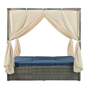 2-Person Gray Wicker Patio Outdoor Sunbed Day Bed with Blue Cushions and Curtains