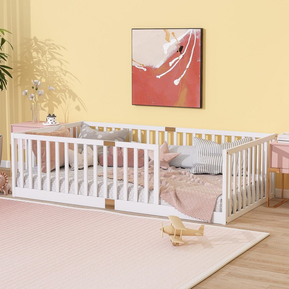 White Wood Frame Twin Size Platform Bed with High Fence Railings (without Door)