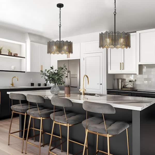 Modern 4-Light Black Drum Chandelier with Vintage Mercury Glass Shade for Living Room, Dining Room Island Pendant Light