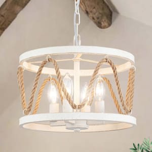 4-Light Distressed White Drum-Shaped Chandelier with Hemp Rope for Kitchen Living Room with No Bulbs Included