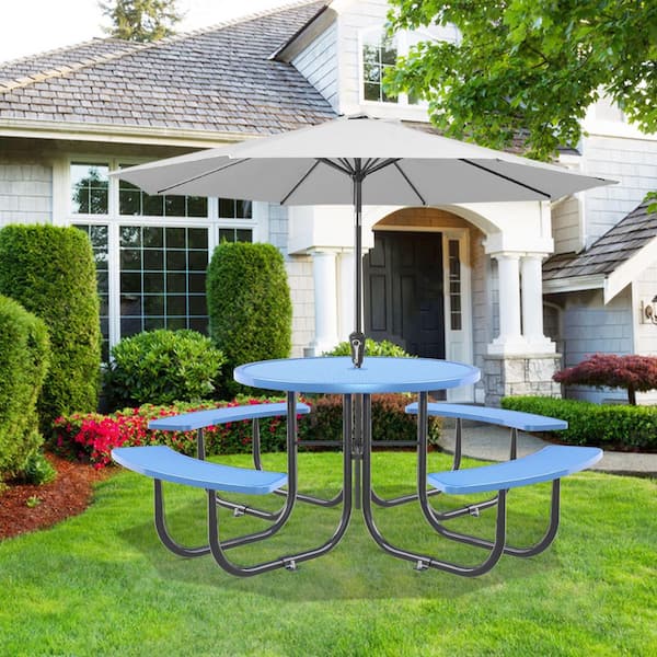 AUTMOON 46 in. Round Steel Outdoor Picnic Table, Patio Bench Set with Umbrella Hole, Blue